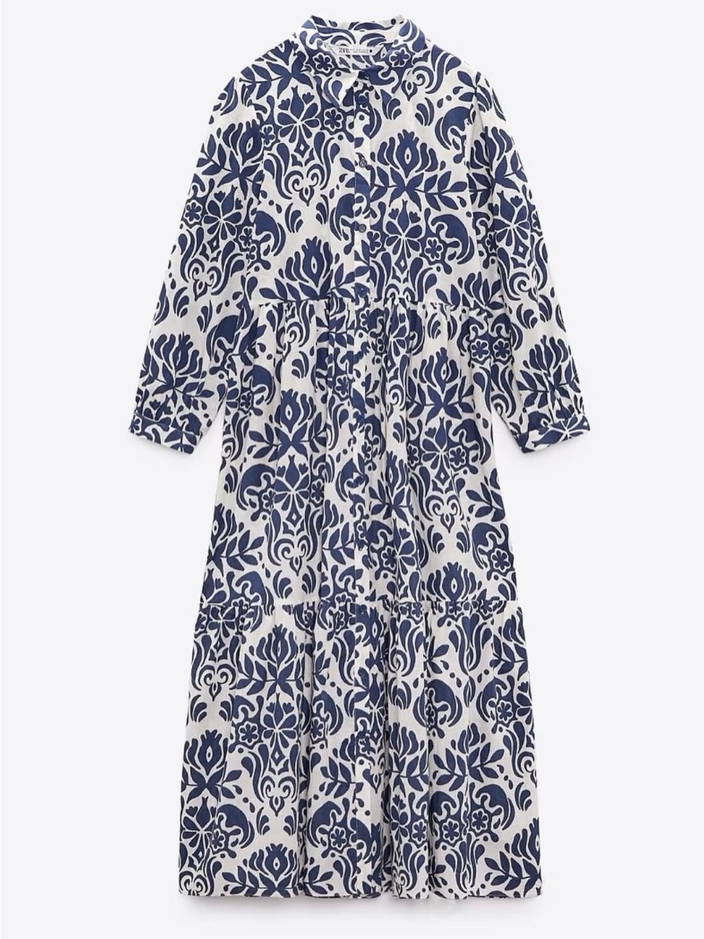 Zara Navy and White Long-Sleeve Floral Tiered Dress